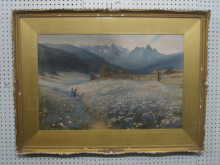 A coloured print "Alpine Scene" 16" x 24"