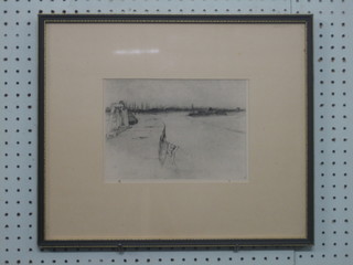 Albert Dunthorne an etching "Low Tide, The Evening Star and Ryse Long Pier Deserted" 6" x 9"