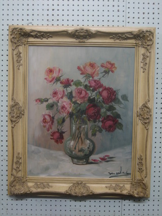 Oil on canvas, still life study "Vase of Roses" 19" x 15"