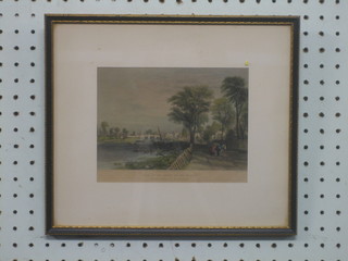 3 various 19th Century coloured prints The Thames - "Western Approach to Kingston, Hampton Middlesex and Twickenham AIT" 4" x 6" contained in Hogarth frames