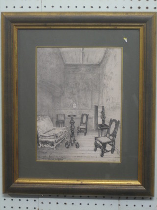 3 various monochrome prints "Interior Scenes of 17th Century Country Houses"