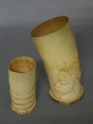 A carved ivory vase decorated elephants 7" and 1 other 5"