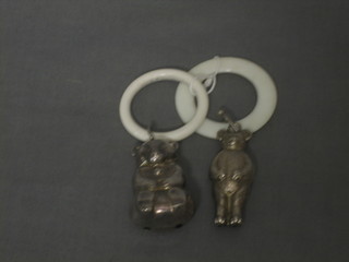 2 silver plated rattles in the form of teddybears
