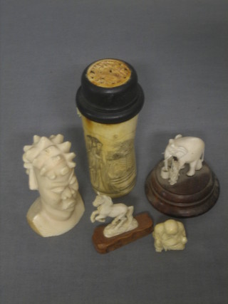 A carved ivory portrait bust in the form of a man 4", a reproduction box and 3 other figures