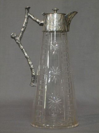 An Edwardian cut glass claret jug with silver plated mounts 10"