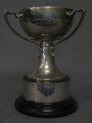 An Art Nouveau silver 3 handled trophy cup, raised on a circular spreading foot, Sheffield 1903, 15 ozs