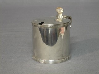 A Victorian cylindrical silver mustard pot, London 1877 complete with blue glass liner 2"