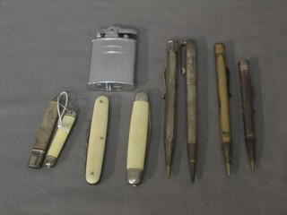 A planished silver cased pencil holder, 3 pocket knives, a lighter, 2 silver cased propelling pencils and 2 others