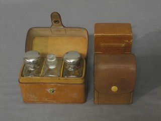 3 square glass bottles in a leather case and 2 leather cases containing 4 bottles