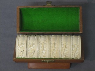 6 carved Eastern ivory napkin rings, monogrammed H