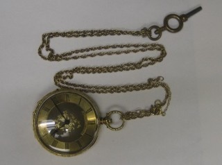 A gold cased open faced pocket watch hung on a gold chain