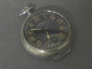 An Ingasol alarm pocket watch contained in a stainless steel open faced case 