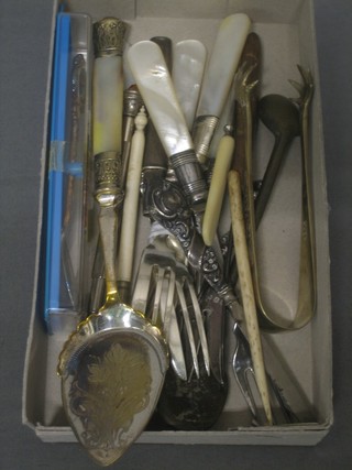 A silver cased pair of travelling scissors and various silver plated flatware, curios etc 