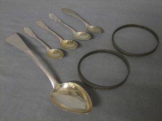 A Continental silver table spoon, 3 teaspoons and 2 bangles