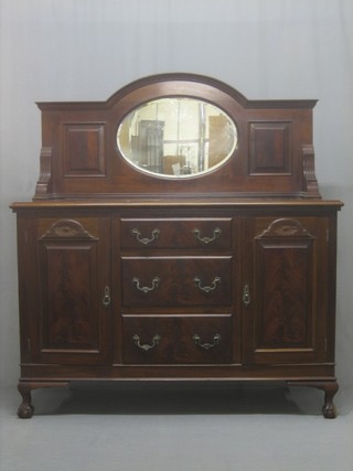 A Chippendale style mahogany sideboard with raised mirrored back, the base fitted 3 long drawers flanked by a pair of cupboards raised on cabriole, ball and claw supports 54"