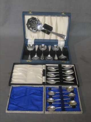 A set of 6 silver plated tea spoons, 6 silver plated coffee spoons with bean end decoration and a 6 chromium plated fruit spoons