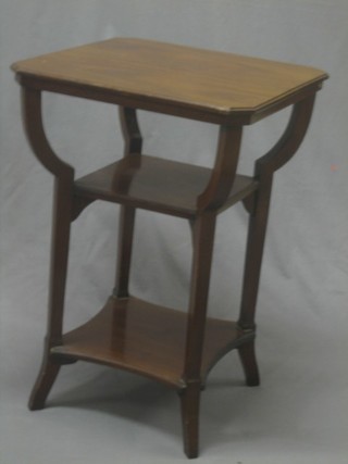 An Edwardian square walnut 3 tier occasional table, raised on shaped supports 18"
