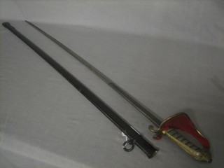 A George IV Naval  sword with 31 1/2" blade, etched the Star of the Garter IV, marked Onston? St James's London (marks rubbed), contained in a painted metal scabbard (bottom sword loop missing)