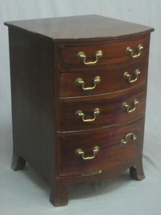 A 19th Century mahogany bow front chest of 4 long drawers with brass swan neck drop handles, raised on splayed bracket feet 19"