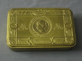 A Princess Mary gift tin containing a Christmas card and an Active Service Testament 1914