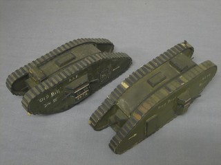 2 wooden model of a WWI tanks marked Old B Div IV and Bing Boys Div IV 8 1/2"