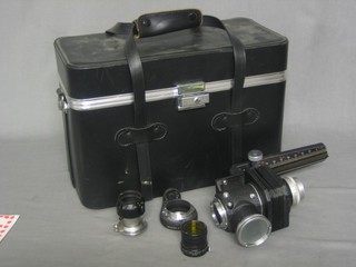A black leather case containing various lenses