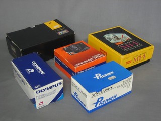 A Kodak Advantic boxed, an Olympus 335 Electron Senior, a Kodak Instamatic M14, an Olympus Newpic Zoom 90 and a Premier Zoom M6000, all boxed