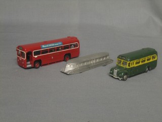 A  Dinky Golden Jubilee model of a double headed train, a model of a London Transport bus and a model of a Green Line bus