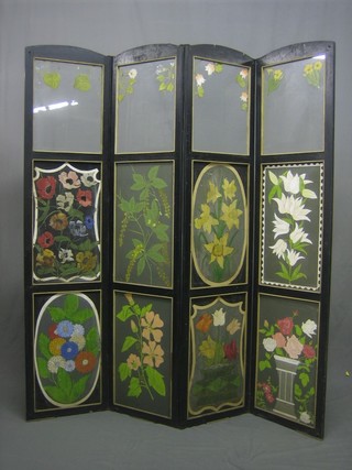 A decorative Art Nouveau painted glass and wooden 4 fold screen