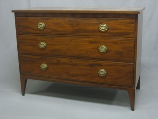 A 19th Century rectangular mahogany chest of 3 long drawers, raised on splayed bracket feet 46"