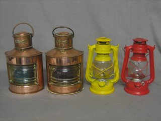 A pair of reproduction copper Port and Starboard lanterns, together with a pair of Tilly lamps