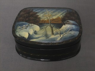 A Russian lacquered trinket box the lid decorated a snowy landscape 4" 