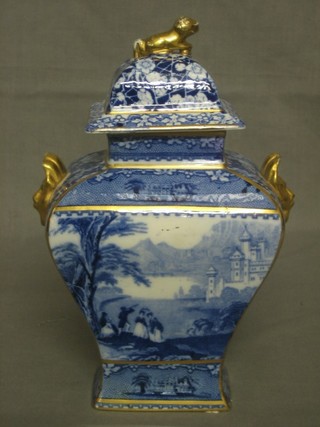 A blue and white twin Jenny Lind pattern handed urn and cover by A J Wilkinson & Charles Meigh 10" 