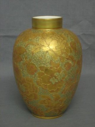 A Victorian gilt Derby  vase decorated flowers the base with cypher mark 9" 