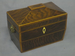 A 19th Century inlaid rosewood sarcophagus shaped tea caddy with satinwood stringing and ivory escutcheon, having brass ring drop handles to the sides 7"