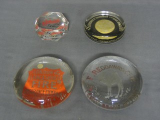 A circular advertising paperweight for London & Lancashire Fire Assurance 3" and 4 others F Reddaway & Co, Camel Brand Best, Singer Sewing Machines (chipped) and National Guarantee Reminder