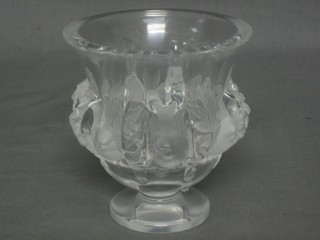 A Lalique circular vase decorated birds, raised on a spreading base marked R Lalique France 5" 