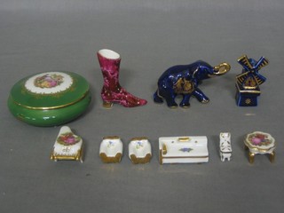 A circular Limoges green glazed jar and cover 3", a figure of an elephant, do. Windmill, miniature sofa, piano, chair, 2 armchairs, table and a porcelain boot