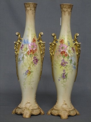 A pair of Worcester style Royal Bon twin handled vases with floral decoration 12" 