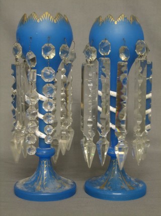 A pair of 19th Century blue opaque glass lustres hung cut lozenges 14" (1f) 