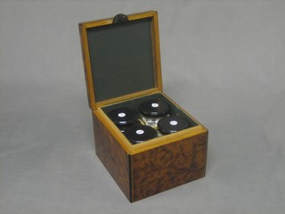 A Victorian amboyna trinket/caddy box with hinged lid, the interior fitted 3 glass jars 6"