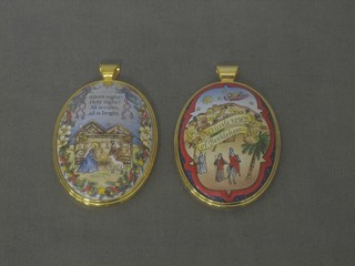 4 circular Royal Worcester dishes and 6 enamel Halcyon Day pendants