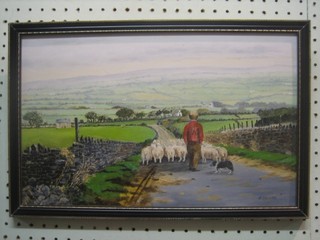 G Dellar, impressionist oil on board "Young Boy Driving Sheep in Dales 9" x 16"