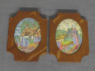 Jean Ross-Jones, a pair of watercolours on cotton "Church and Cottage Garden" 3" oval