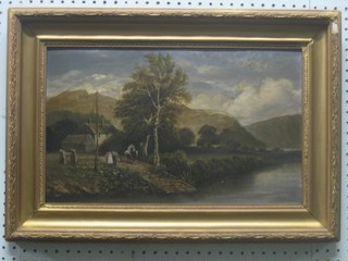 19th Century oil on board "Waiting For the Ferry" 10" x 17 1/2"