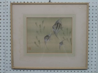 An Oriental  print on silk panel "Fish" with seal mark 8" x 10"