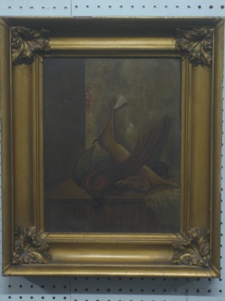 19th Century oil on board "Hanging Hare and Pheasant" the reverse with Old Smith & Warren label 11" x 9"