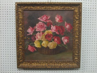 M M Mattes, oil on canvas "Still life Basket of Roses" 15" x 15"