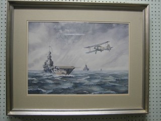S T Gleed, watercolour "Aircraft Carrier with Approaching Swordfish Aircraft" 13 1/2" x 19" 