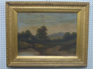 A Victorian oil on board "Country Scene with River, Cottage and Pathway" 14" x 19"